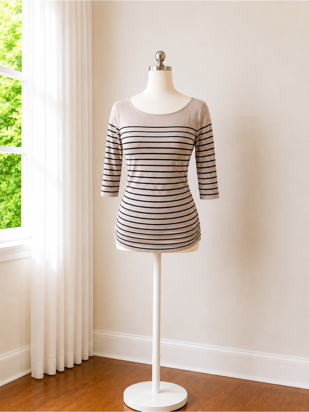 14th & Union Taupe and Black Striped Scoop Neck Cotton Top